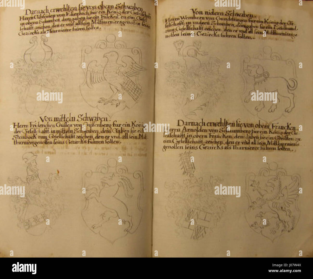 Il «Rüxner Turnierbuch» è una copia manoscritta del XVII secolo che descrive i tornei medievali, l'araldica e le tradizioni cavalleresche in Germania. Foto Stock