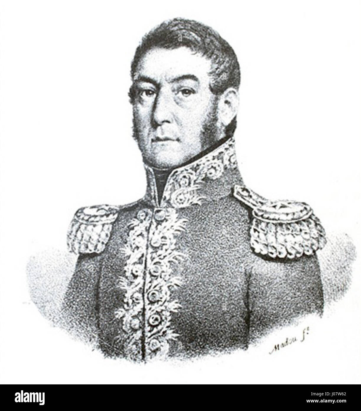 Questa litografia di San Mart¡n raffigura il famoso liberatore sudamericano, mostrando il suo carattere dignitoso e risoluto. L'artista cattura l'intensità del suo sguardo, simboleggiando la sua leadership e dedizione alla causa dell'indipendenza. La litografia serve come tributo storico al ruolo di San Mart¡n nei movimenti di liberazione del Sud America. Foto Stock