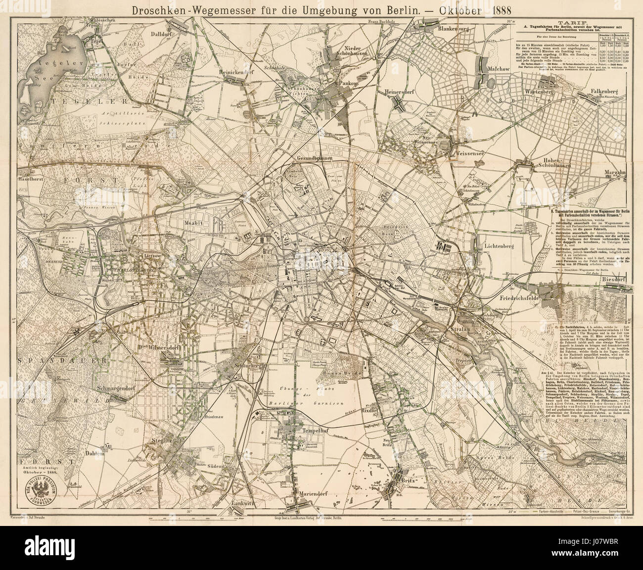 Questo disegno del 1888 di Straube raffigura una carrozza trainata da cavalli e gli strumenti di misurazione utilizzati per le valutazioni stradali nell'area di Berlino. Mette in evidenza lo sviluppo delle infrastrutture di trasporto e il ruolo di tali veicoli nella pianificazione urbana durante la fine del XIX secolo. Foto Stock
