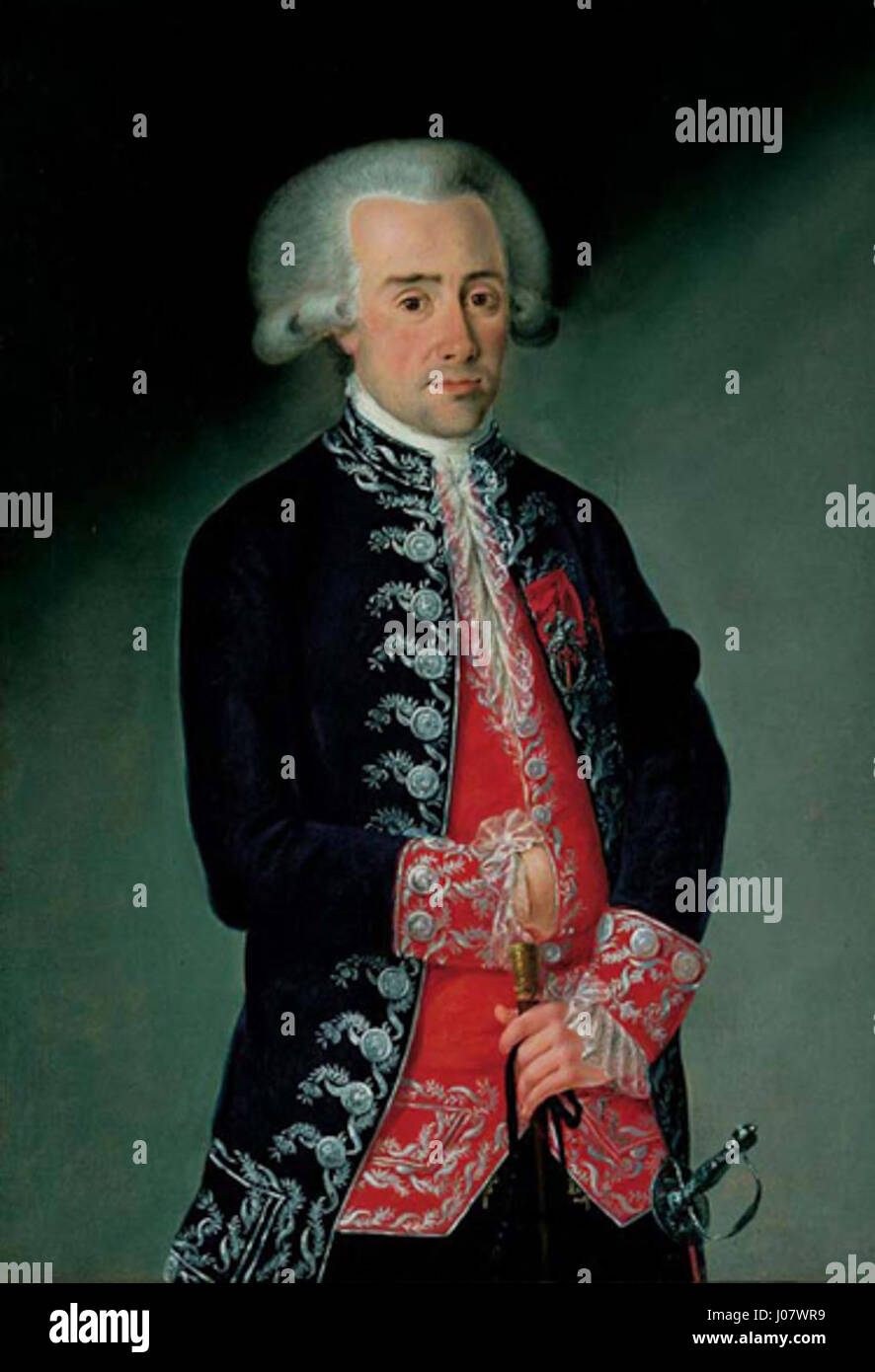 Il ritratto di Juan de Piña y Ruiz, dipinto da Francisco Folch de Cardona, riflette la nobile statura e la presenza dignitosa del soggetto, catturato in stile ritratto spagnolo del XVIII secolo. Foto Stock