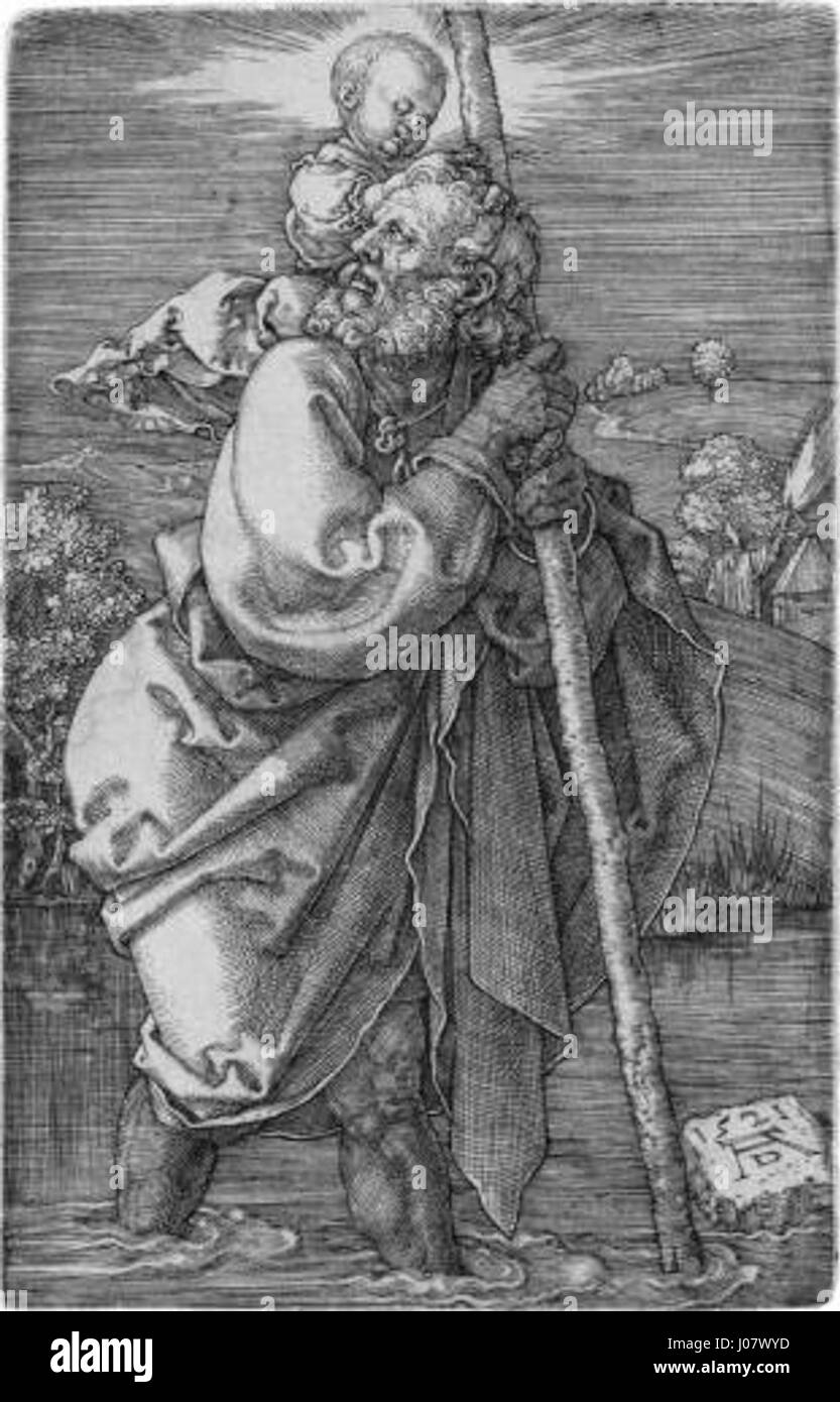 Questa opera d'arte, "San Cristoforo", è attribuita ad Albrecht Dürer, che raffigura il santo che trasporta il bambino di Cristo attraverso un fiume. Il pezzo è noto per la sua rappresentazione dettagliata e la maestria di Dürer nelle tecniche di taglio del legno. Foto Stock