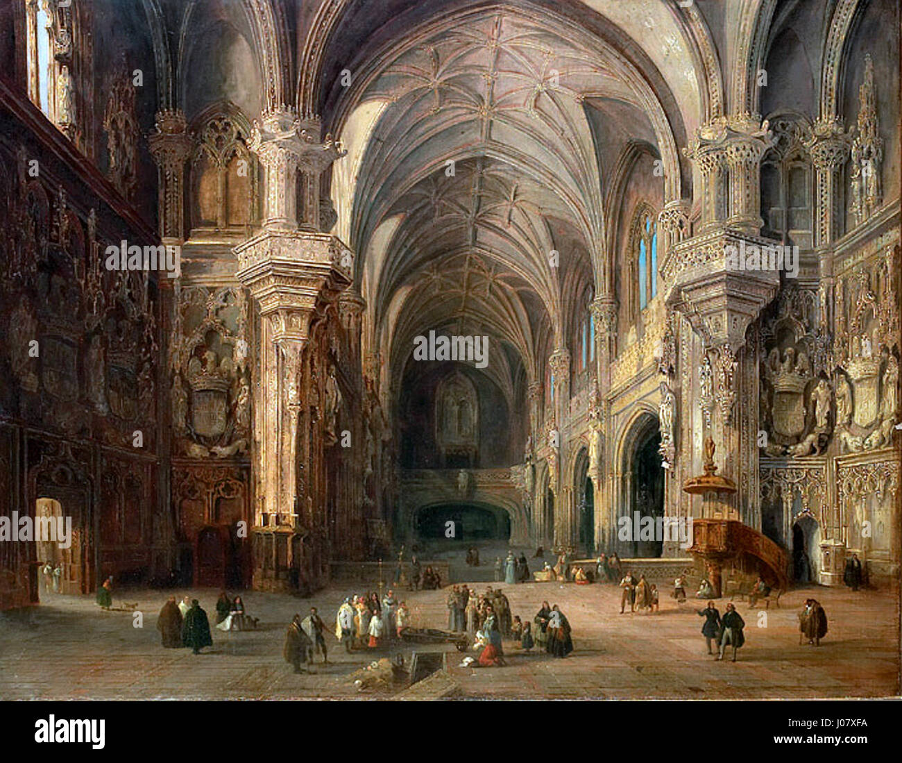 «San Juan de los Reyes, Toledo» di Jenaro Pérez Villaamil raffigura l’iconico monastero spagnolo di San Juan de los Reyes a Toledo. Il dipinto mostra lo stile architettonico dettagliato di Villaamil e la sua abilità nel catturare i monumenti storici della Spagna. Foto Stock