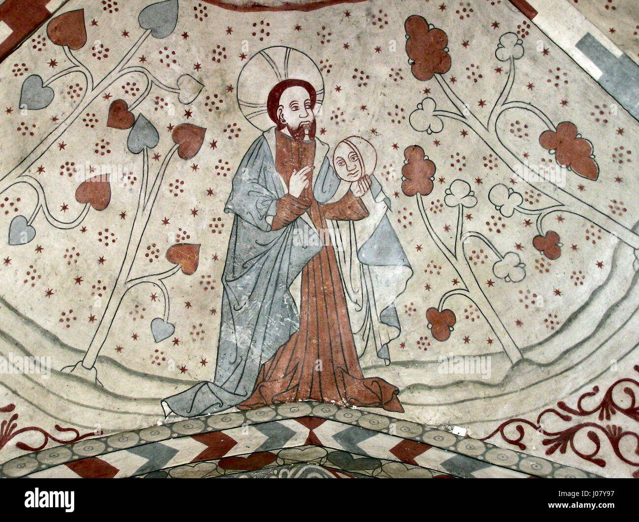 L'affresco di Vittskövle, "Dio crea il Sole e la Luna", è un'opera religiosa che raffigura la creazione biblica dei cieli. Questo affresco è un'importante opera d'arte medievale svedese, che mostra l'influenza dell'iconografia cristiana. Foto Stock