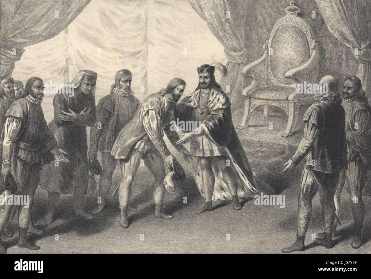 Questo dipinto ritrae il ritorno di Vasco da Gama dalla scoperta dell'India, accolto da re Manuele i del Portogallo in una cerimonia pubblica formale. Commemora un momento cruciale nella storia portoghese, simboleggiando i successi marittimi del paese e il ruolo significativo dell’esplorazione durante l’era delle scoperte. Foto Stock