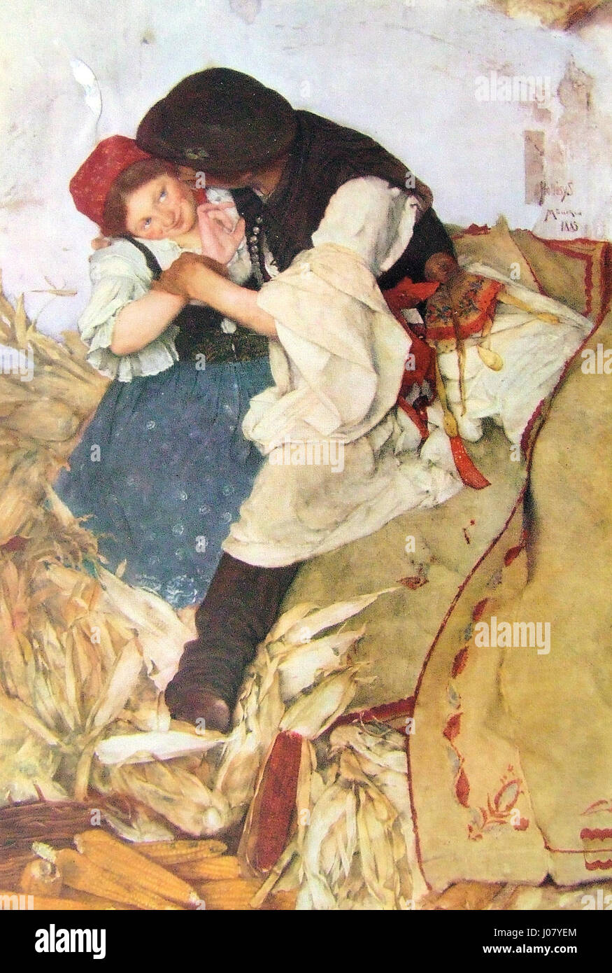 Il dipinto "Tengerihint" di Hollósy, datato 1885, raffigura un gruppo di persone che cavalcano in una carrozza trainata da cavalli sul mare. La scena cattura il piacere della vita ungherese del XIX secolo, con un'attenzione particolare alla bellezza naturale del paesaggio costiero. Foto Stock