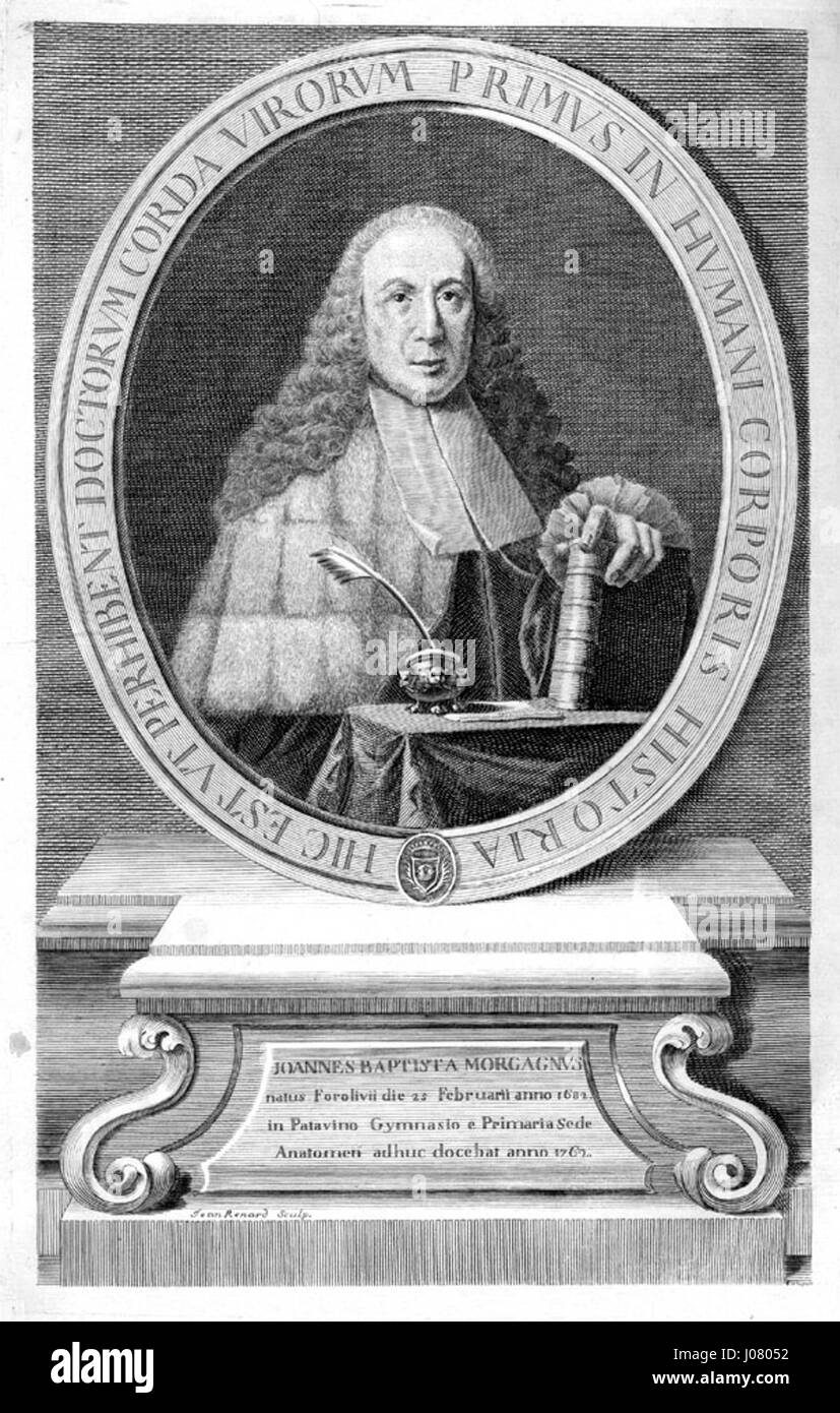 Questo ritratto ovale di Giovanni Morgagni, anatomista italiano, ritrae il suo comportamento intellettuale e i suoi contributi scientifici nel campo della medicina durante il XVII e XVIII secolo. È considerato una figura pionieristica in anatomia e patologia. Foto Stock