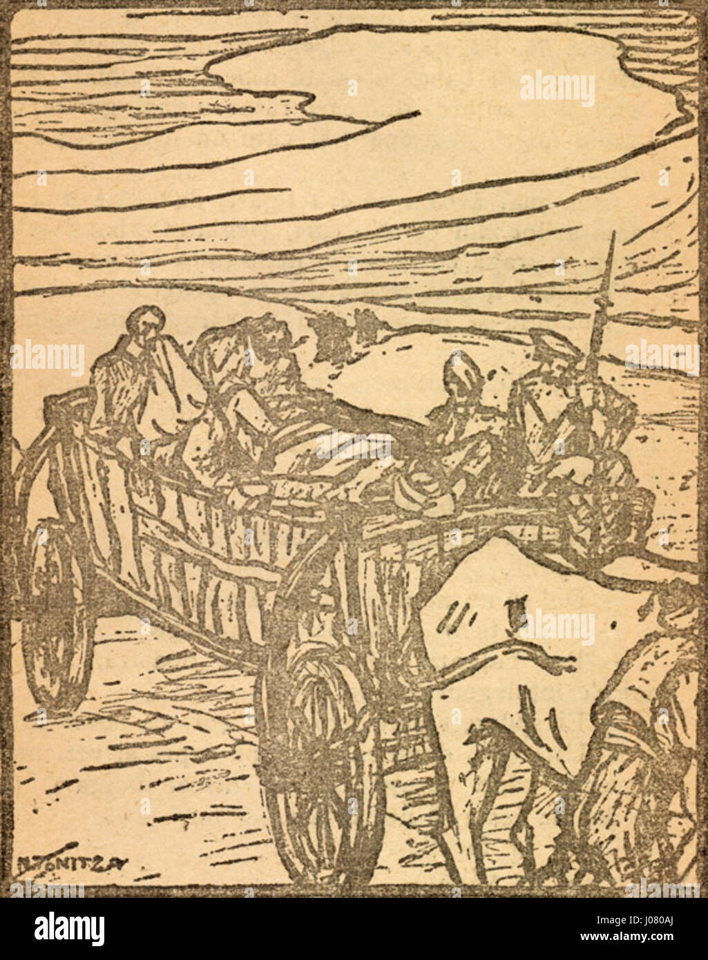 "în mâinile dușmanului" (nelle mani del nemico) è un'illustrazione storica rumena che raffigura un soldato catturato o una figura in difficoltà. L'immagine rappresenta temi di guerra, prigionia e conflitto, probabilmente collegati a una narrazione storica o letteraria. Foto Stock