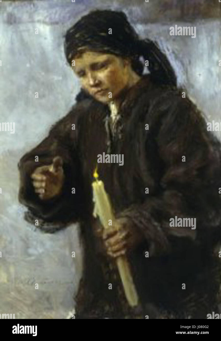 Il dipinto del 1893 di Teodor Axentowicz "Huculka ze świecą" (Huculka con una candela) ritrae una giovane donna in tradizionale abito popolare ucraino, con in mano una candela. L'opera cattura l'identità culturale attraverso dettagli vividi. Foto Stock
