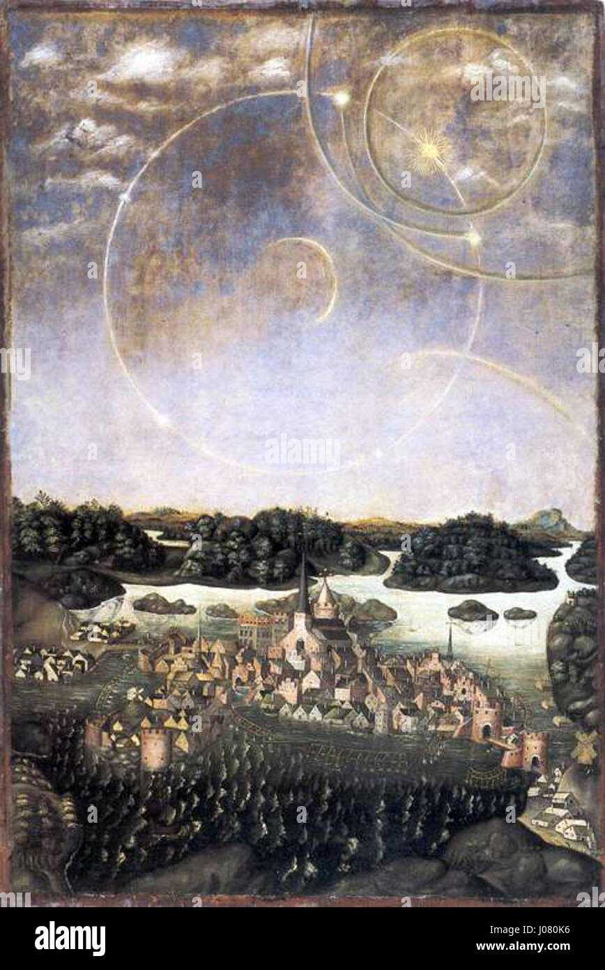 La versione corta del "Vädersolstavlan", uno storico dipinto svedese che raffigura il fenomeno meteorologico di Stoccolma del 1535, cattura un evento drammatico nella storia svedese. Foto Stock La versione corta del "Vädersolstavlan", uno storico dipinto svedese che raffigura il fenomeno meteorologico di Stoccolma del 1535, cattura un evento drammatico nella storia svedese. Foto Stock