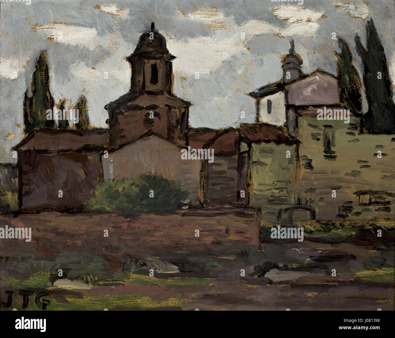 In "Igreja de Tarassa", Joaquín Torres García combina tecniche moderniste con una particolare attenzione all'architettura. Il lavoro riflette la sua esplorazione delle forme geometriche e la relazione tra strutture moderne e tradizionali. Foto Stock