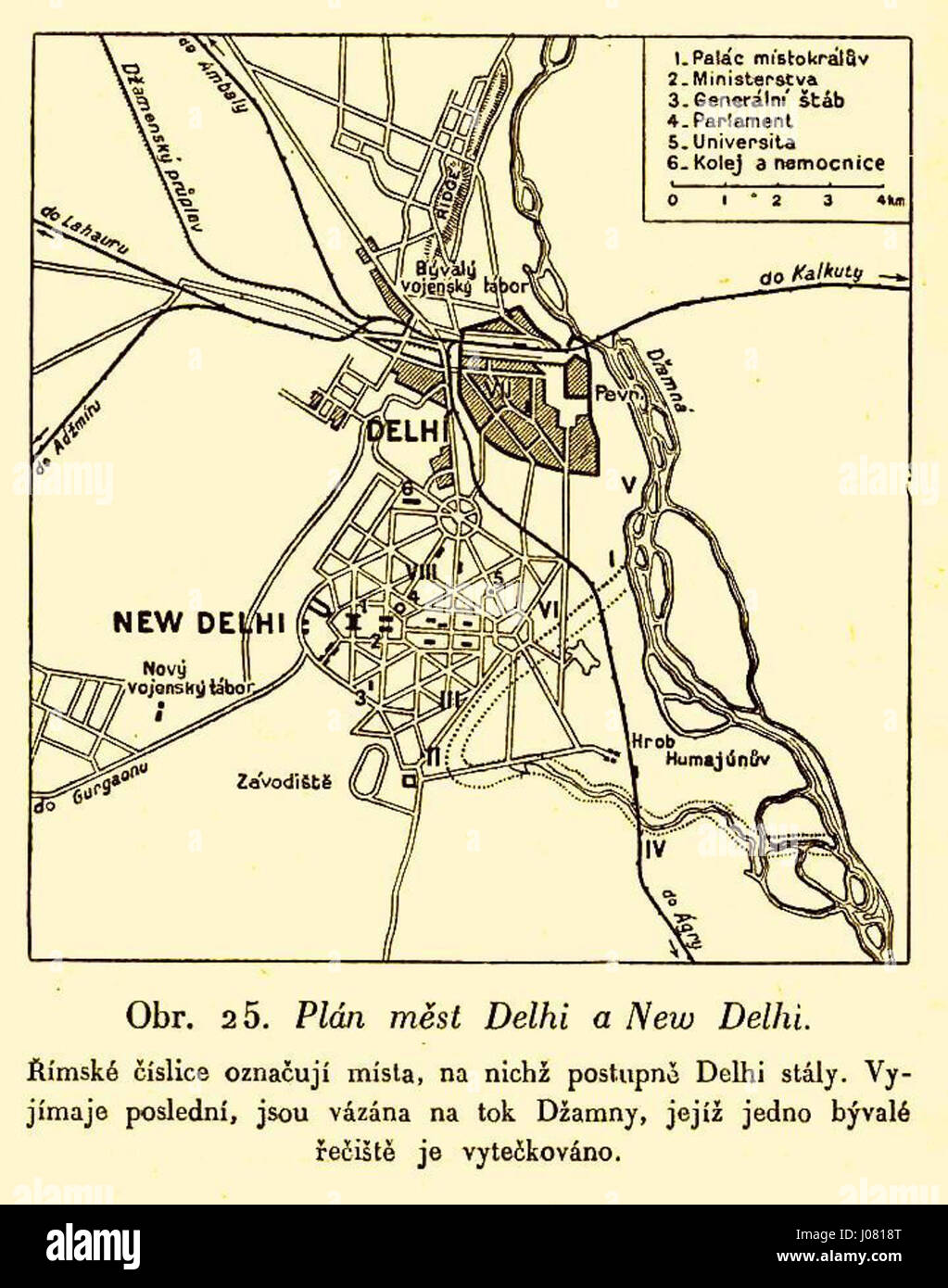 Questa mappa mostra la pianificazione urbana di Delhi e nuova Delhi, evidenziando lo sviluppo e la struttura della città. La mappa offre una prospettiva storica sulla crescita delle capitali indiane. Foto Stock