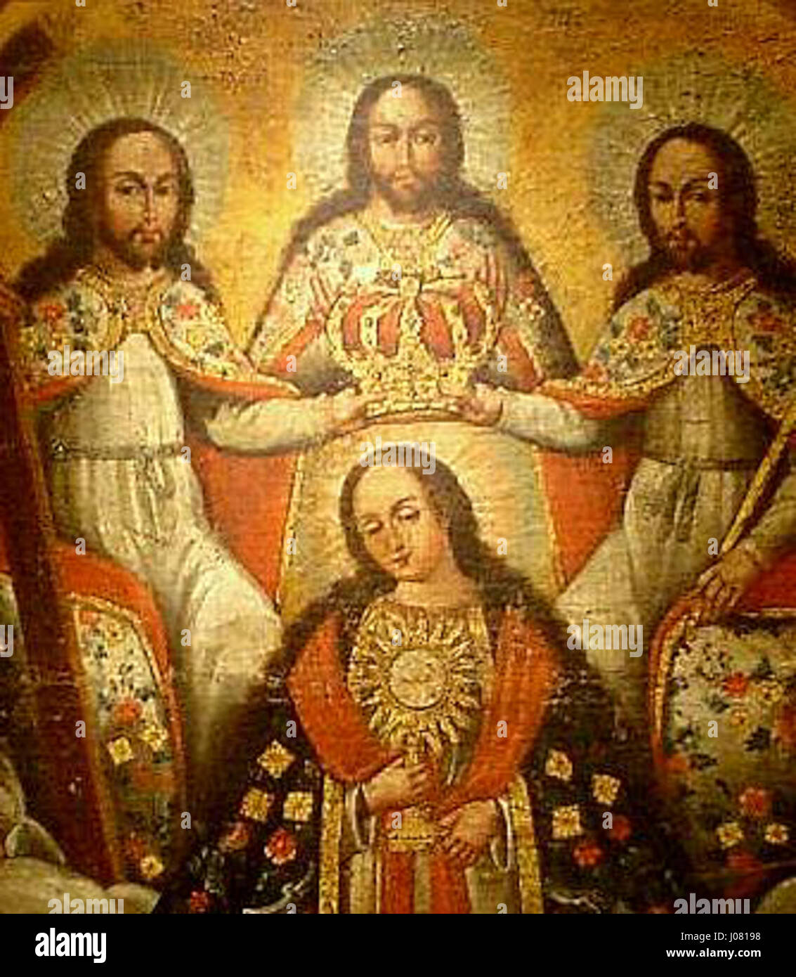 "Detalhe de pintura cuzquenha do século XVII" si riferisce a un dettaglio di un dipinto cuzco del XVII secolo. Il pezzo riflette la fusione unica di stili artistici indigeni andini ed europei, con intricati simboli religiosi e culturali. Foto Stock