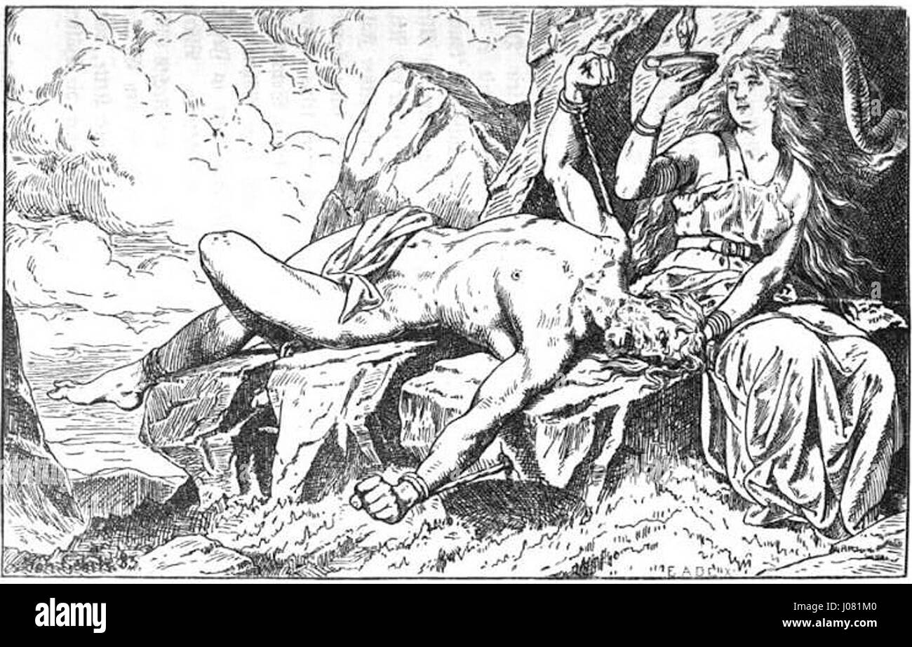 "Loki und Sigyn" di Johannes Gehrts ritrae i personaggi mitologici norreni Loki e Sigyn, concentrandosi sulla loro complessa relazione. L'opera d'arte cattura un momento di tensione emotiva, mostrando i temi del mito di lealtà, tradimento e conflitto divino. Foto Stock