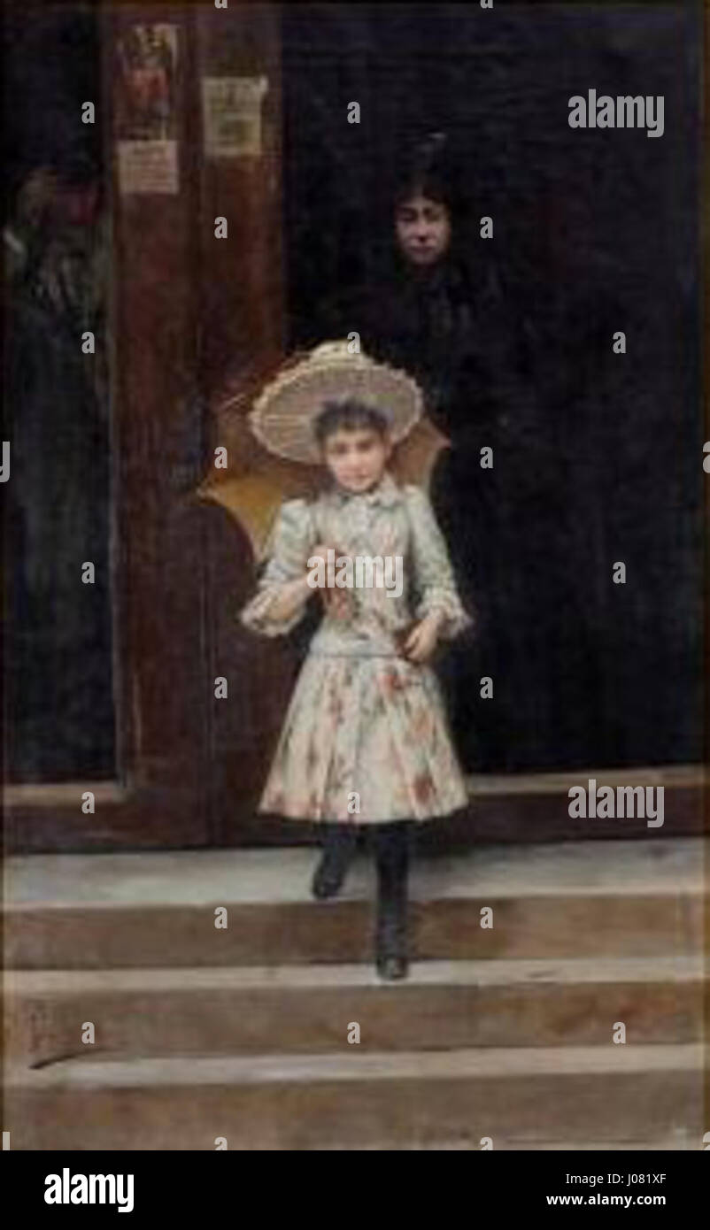 "Sortida de missa" di Joan Ferrer i Miró raffigura un gruppo di persone che lasciano la messa in un villaggio spagnolo. Il dipinto cattura la vita religiosa e sociale del periodo, con attenzione all'abbigliamento delle figure e all'architettura che circonda la chiesa. Foto Stock