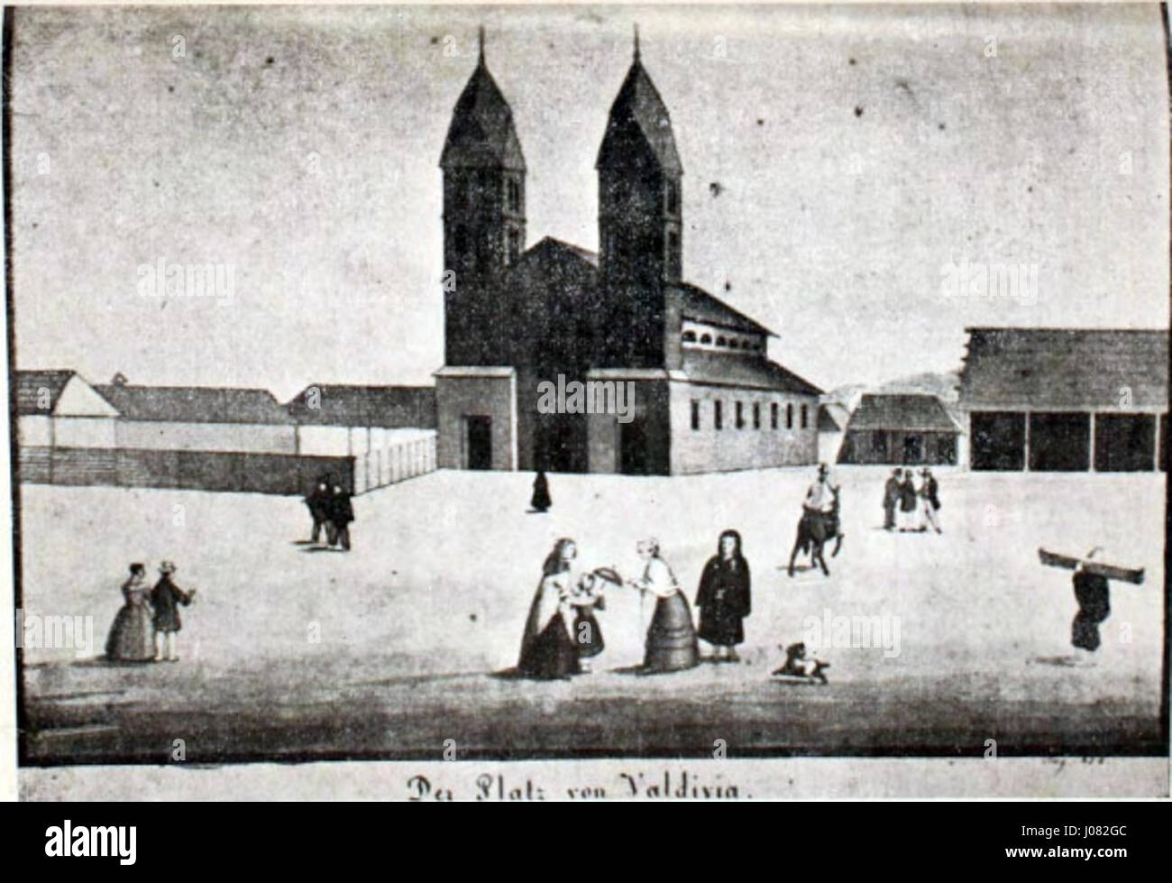 Il dipinto "Plaza de Armas Valdivia 1755" raffigura la piazza centrale di Valdivia, in Cile, come apparve nel 1755. L'opera offre uno sguardo sull'architettura dell'epoca coloniale e sulla vita pubblica della città coloniale spagnola. Foto Stock