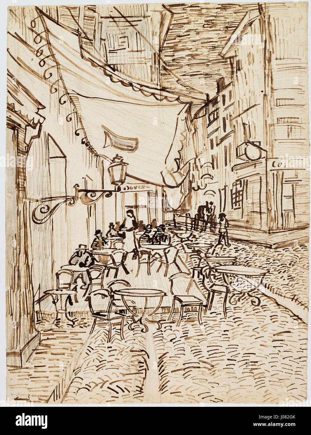 Il Café Terrace di notte è un famoso dipinto di Vincent van Gogh del 1888, creato con penna a canna e inchiostro su matita su carta posata. Le opere d'arte catturano una vivace scena notturna ad Arles, in Francia, con le distintive pennellate e l'uso dei colori di Van Gogh. Foto Stock