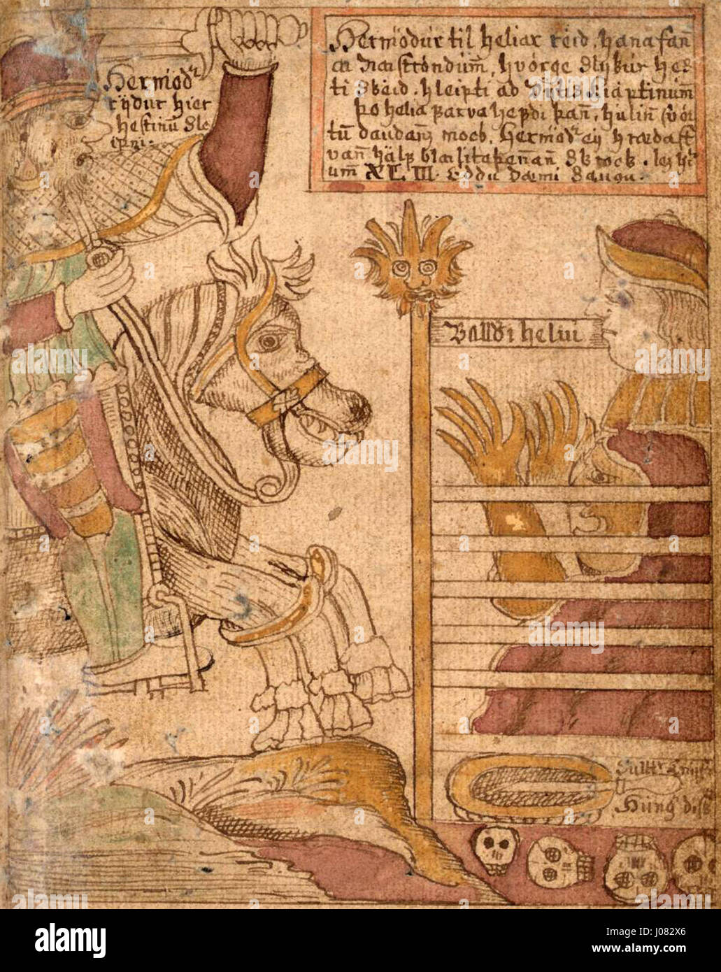 Il titolo si riferisce a un'opera incentrata sulle figure di Hermod e Baldr della mitologia norrena, esplorando i loro ruoli nel ciclo mitologico che coinvolge gli dei e i loro destini. Probabilmente discute temi di sacrificio, morte e viaggi degli dei nella narrazione mitologica. Foto Stock