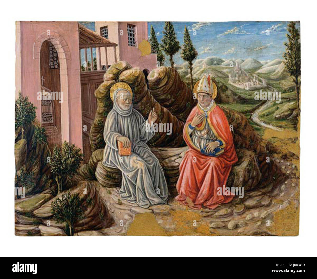 Un dipinto di Boccati raffigurante Santa Sabina conversando con San Benedetto, che espone un tema religioso con un ricco simbolismo nell'arte europea del XVIII secolo. Foto Stock