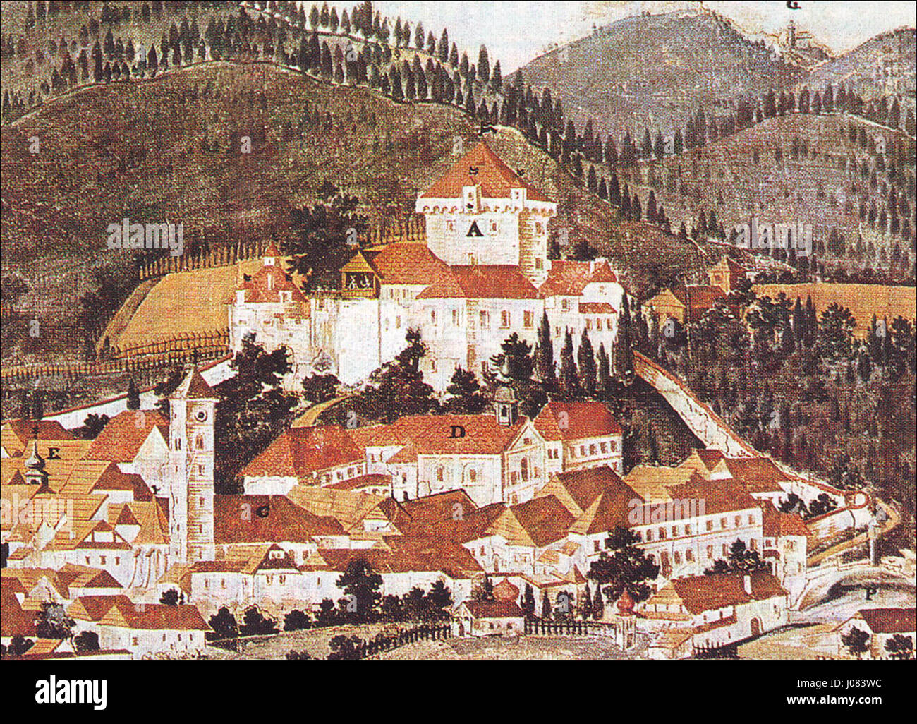 Škofja Loka, una città della Slovenia, è raffigurato in un pezzo storico del 1697. Questo lavoro mette in risalto l'architettura e la cultura locale della città, mostrando lo stile europeo del periodo. Foto Stock