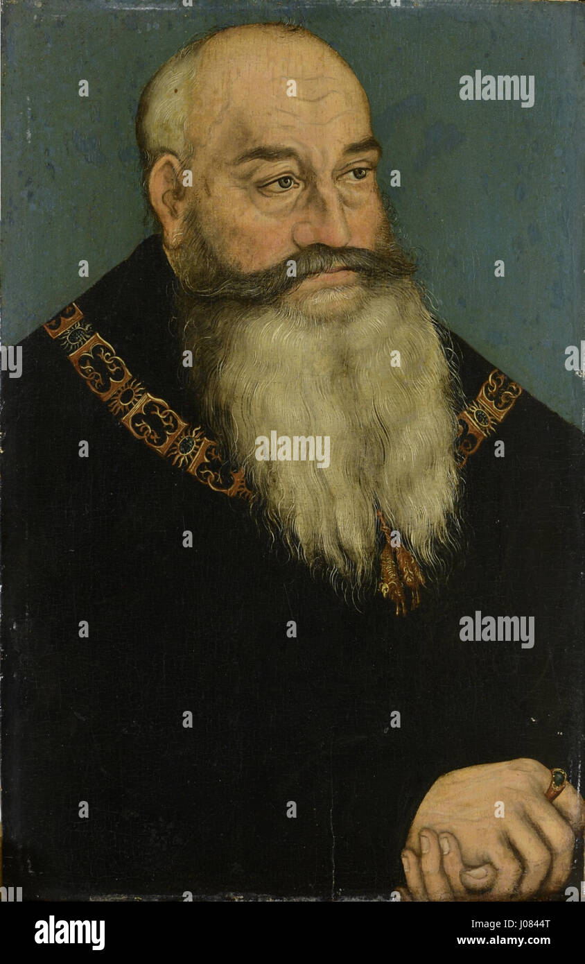 Questa opera d'arte storica, "Georg der Bärtige", raffigura la famosa figura storica, spesso nota per la sua barba, in un ritratto dettagliato. L'opera mette in mostra tecniche medievali europee di ritratto. Foto Stock