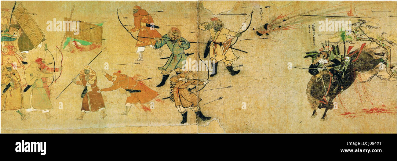 "Moko Shurai Ekotoba" è un dipinto giapponese che raffigura le invasioni mongole, che illustra la storia culturale e militare del Giappone durante il XIII secolo. Foto Stock