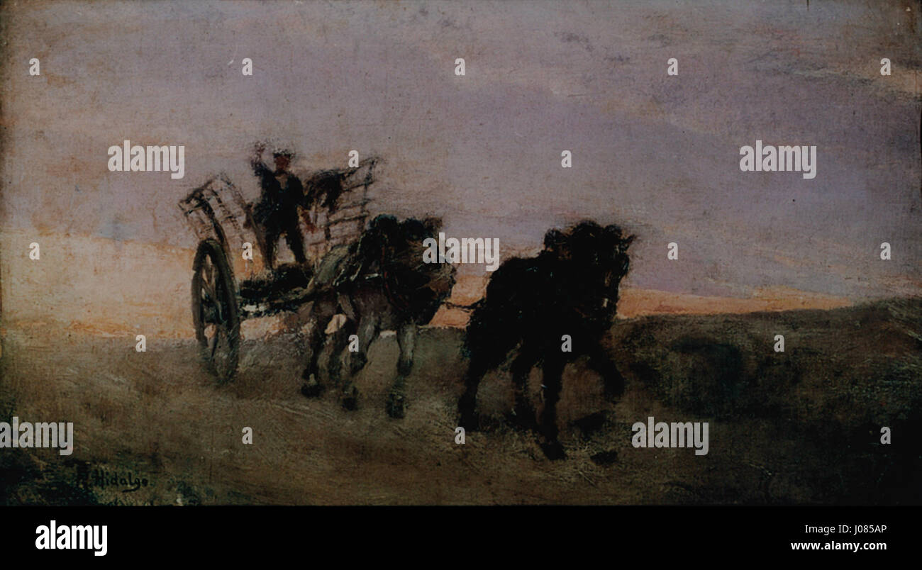 La carrozza a cavallo di Félix Resurrección Hidalgo raffigura la scena di una tradizionale carrozza trainata da cavalli. L'opera d'arte mostra l'eleganza della carrozza, catturando gli intricati dettagli dei cavalli e il movimento della scena, riflettendo il realismo spagnolo nell'arte del XIX secolo. Foto Stock