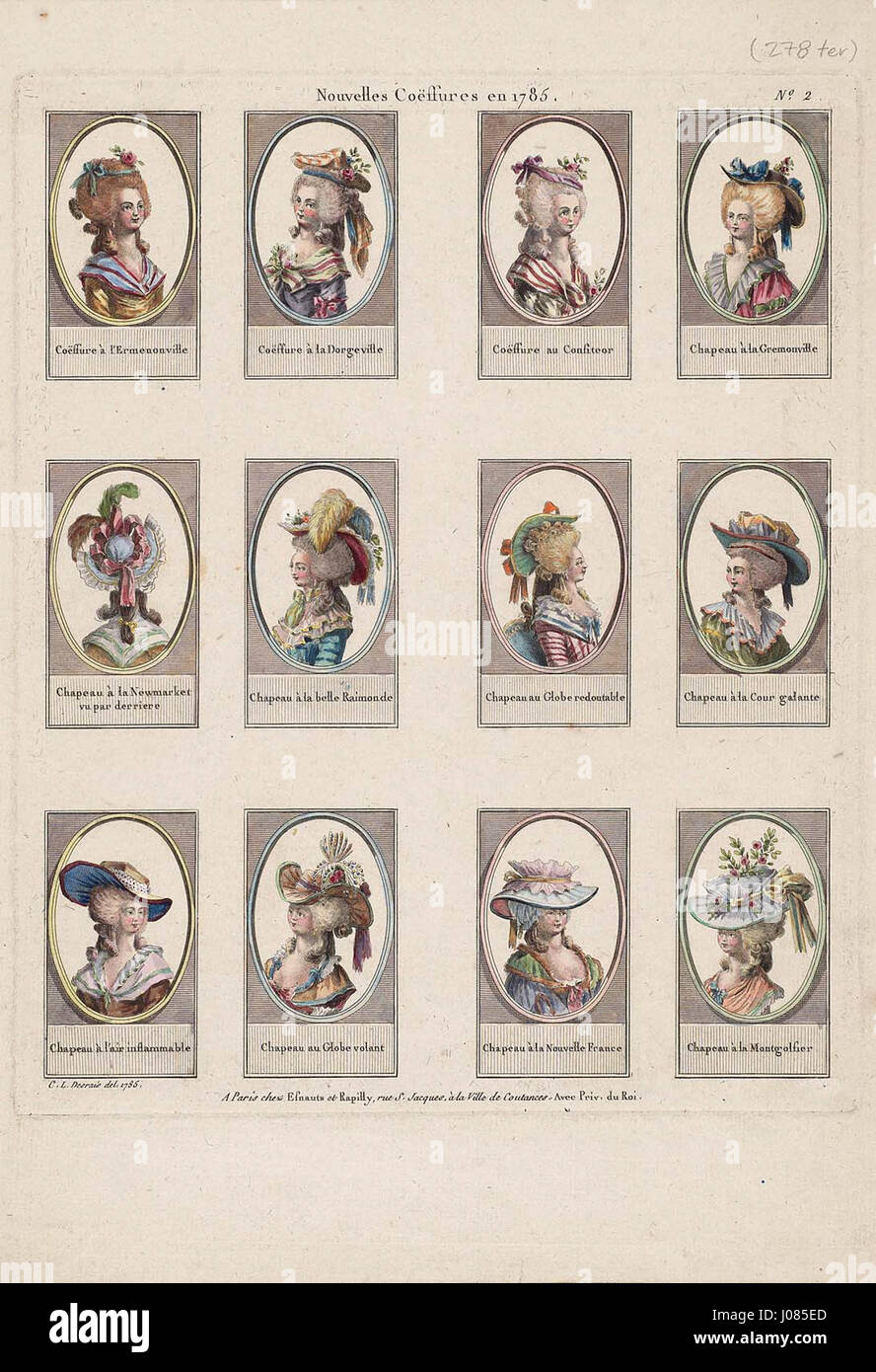 *Nouvelles Coiffures en 1785* presenta una varietà di acconciature alla moda della fine del XVIII secolo. L'opera mette in risalto gli stili intricati e le tendenze culturali della moda francese, con un'attenzione particolare ai capelli decorativi e elaborati popolari durante il periodo. Foto Stock