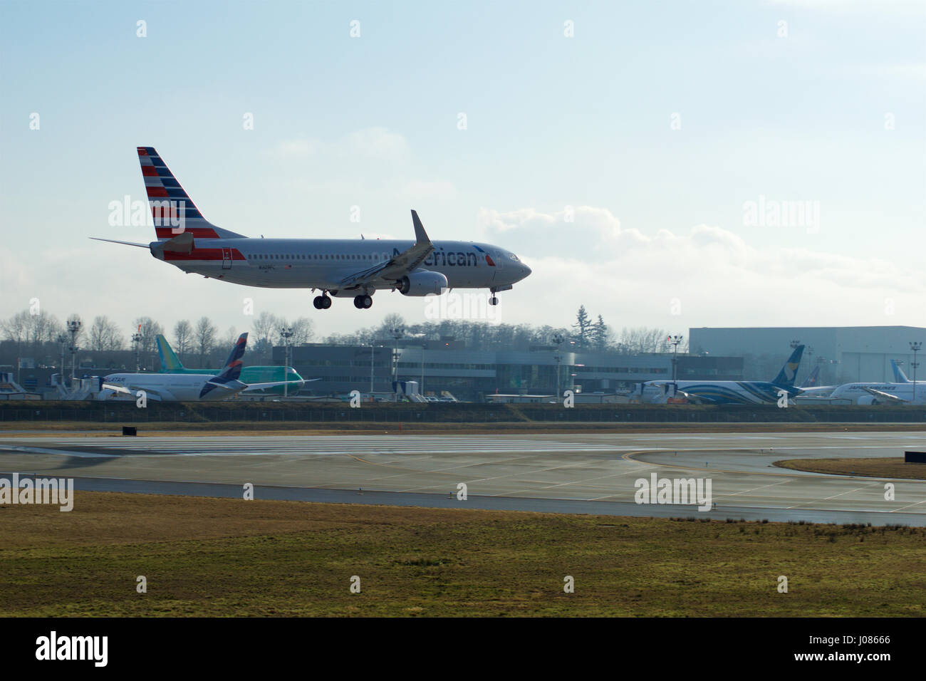 EVERETT, WASHINGTON, STATI UNITI D'AMERICA - gennaio 26th, 2017: un nuovo American Airlines Boeing 737-800 Next Gen MSN 31258, registrazione N309PC ritorna da con successo un volo di prova, in atterraggio a Snohomish County Airport o Paine campo Foto Stock