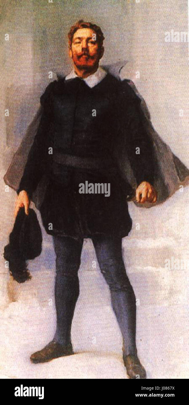 Il "Camäes" di Malhoa è un ritratto del famoso poeta portoghese Luís de Camões, celebrato per la sua opera epica "OS Lusíadas", che cattura il suo significato storico nella letteratura portoghese. Foto Stock