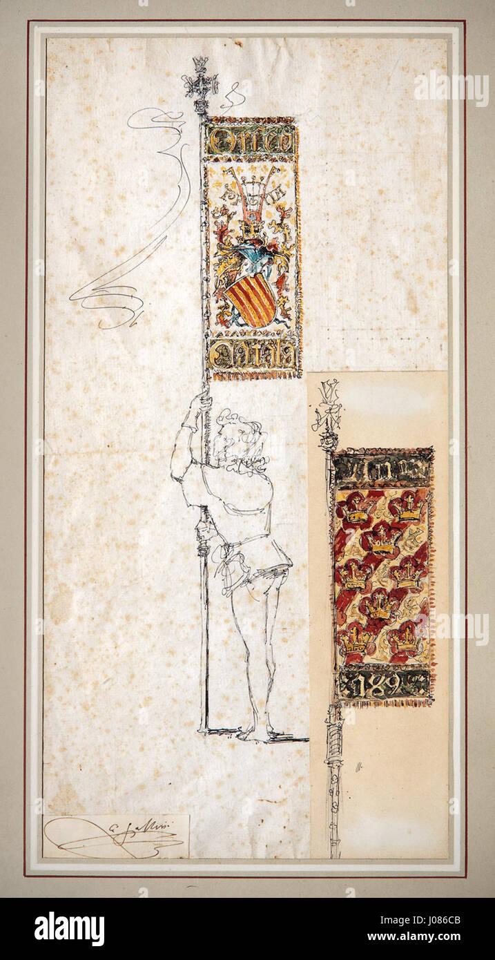 Il disegno della "senyera" (bandiera catalana) di Antoni Maria Gallissà per la Orfeó Català nel 1863 rappresenta un momento chiave nella rinascita culturale della Catalogna. Il design della bandiera era simbolico, incorporando elementi di identità e orgoglio catalano. Foto Stock