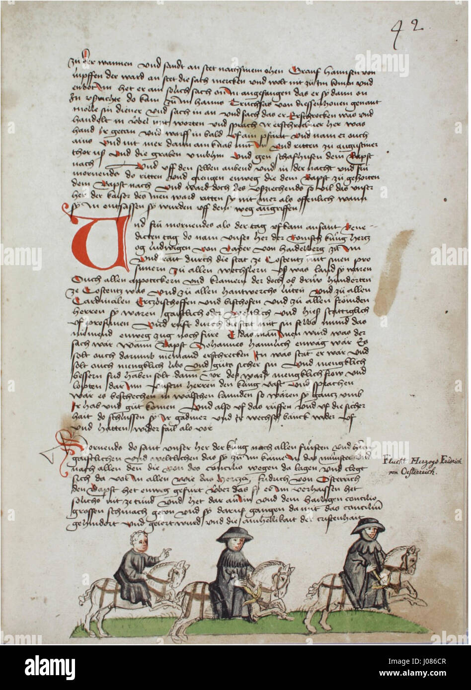 Questo manoscritto storico illustrato dal «Konstanzer Richental Chronik» raffigura il duca Federico d'Austria che insegue il Papa in fuga Giovanni XXIII durante il Concilio di Costanza. Mette in evidenza la tensione politica del tempo e il coinvolgimento di figure chiave nella Chiesa e nella politica. Foto Stock