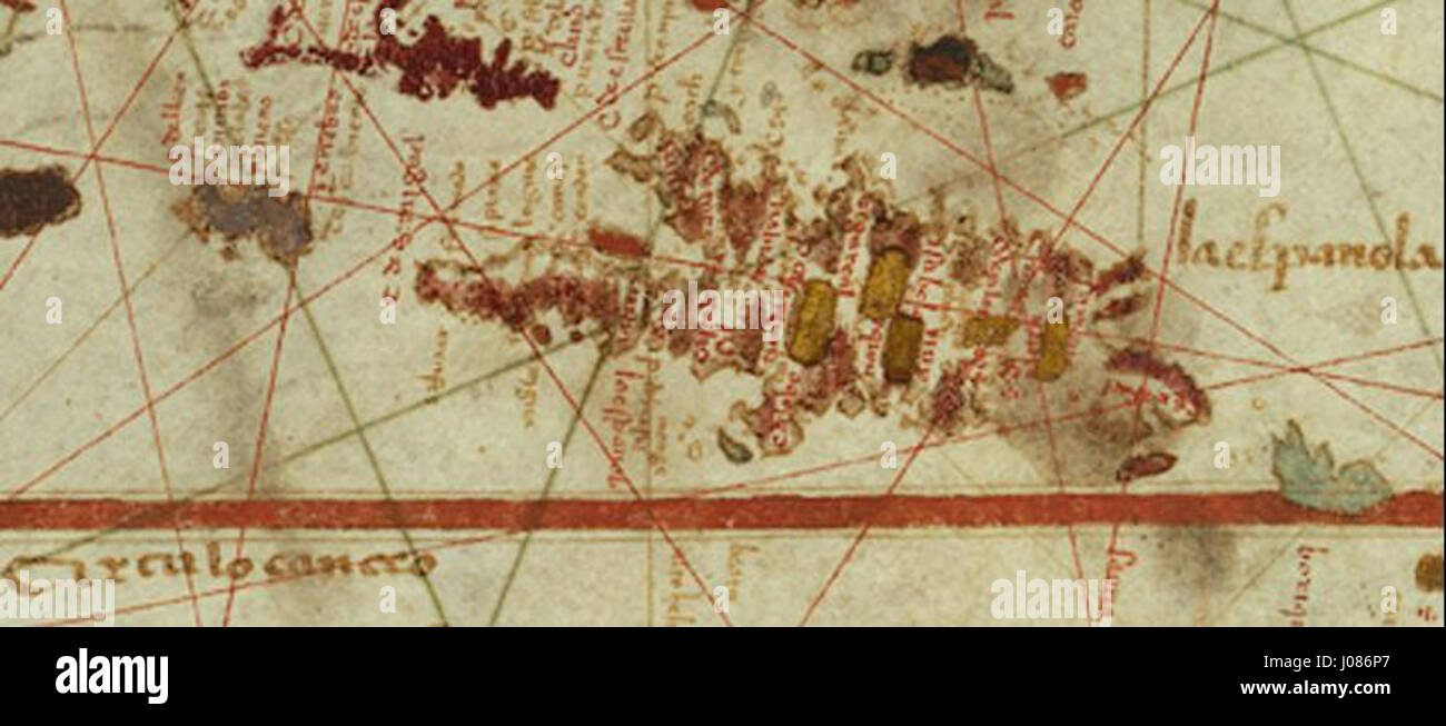 La mappa del 1500 di Juan de la cosa è una delle prime rappresentazioni conosciute dei Caraibi. Include rappresentazioni dettagliate della Giamaica e di Porto Rico, che segnano un momento significativo nella cartografia durante l'era dell'esplorazione. La mappa è un artefatto chiave per comprendere le prime esplorazioni spagnole del nuovo mondo. Foto Stock La mappa del 1500 di Juan de la cosa è una delle prime rappresentazioni conosciute dei Caraibi. Include rappresentazioni dettagliate della Giamaica e di Porto Rico, che segnano un momento significativo nella cartografia durante l'era dell'esplorazione. La mappa è un artefatto chiave per comprendere le prime esplorazioni spagnole del nuovo mondo. Foto Stock