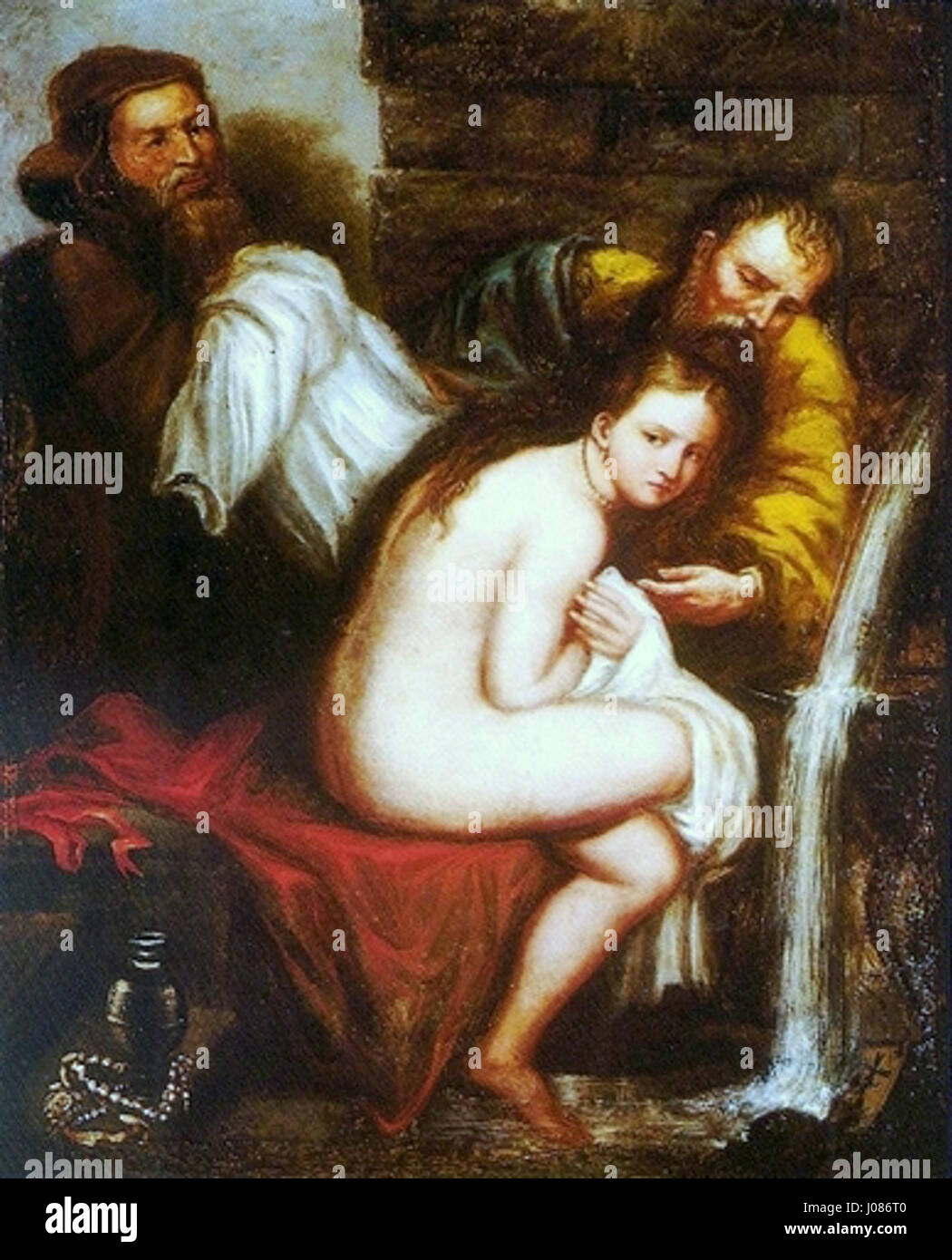 Suzana e os Velhos (Suzanna e gli anziani) è un classico dipinto biblico che raffigura la storia di Susanna e degli anziani, illustrando il momento in cui Susanna viene falsamente accusata dagli anziani. L'opera mette in evidenza temi di giustizia e virtù, centrali nella narrazione morale. Foto Stock