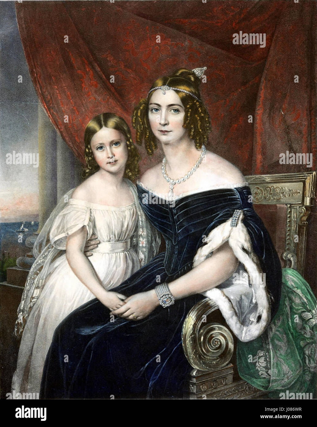 Il ritratto di Amelia di Leuchtenberg, dipinto nel 1840, cattura l'eleganza e la statura reale della principessa bavarese. L'opera enfatizza la sua grazia aristocratica e il dettagliato abbigliamento reale, tipico della ritrattistica europea del XIX secolo. Foto Stock