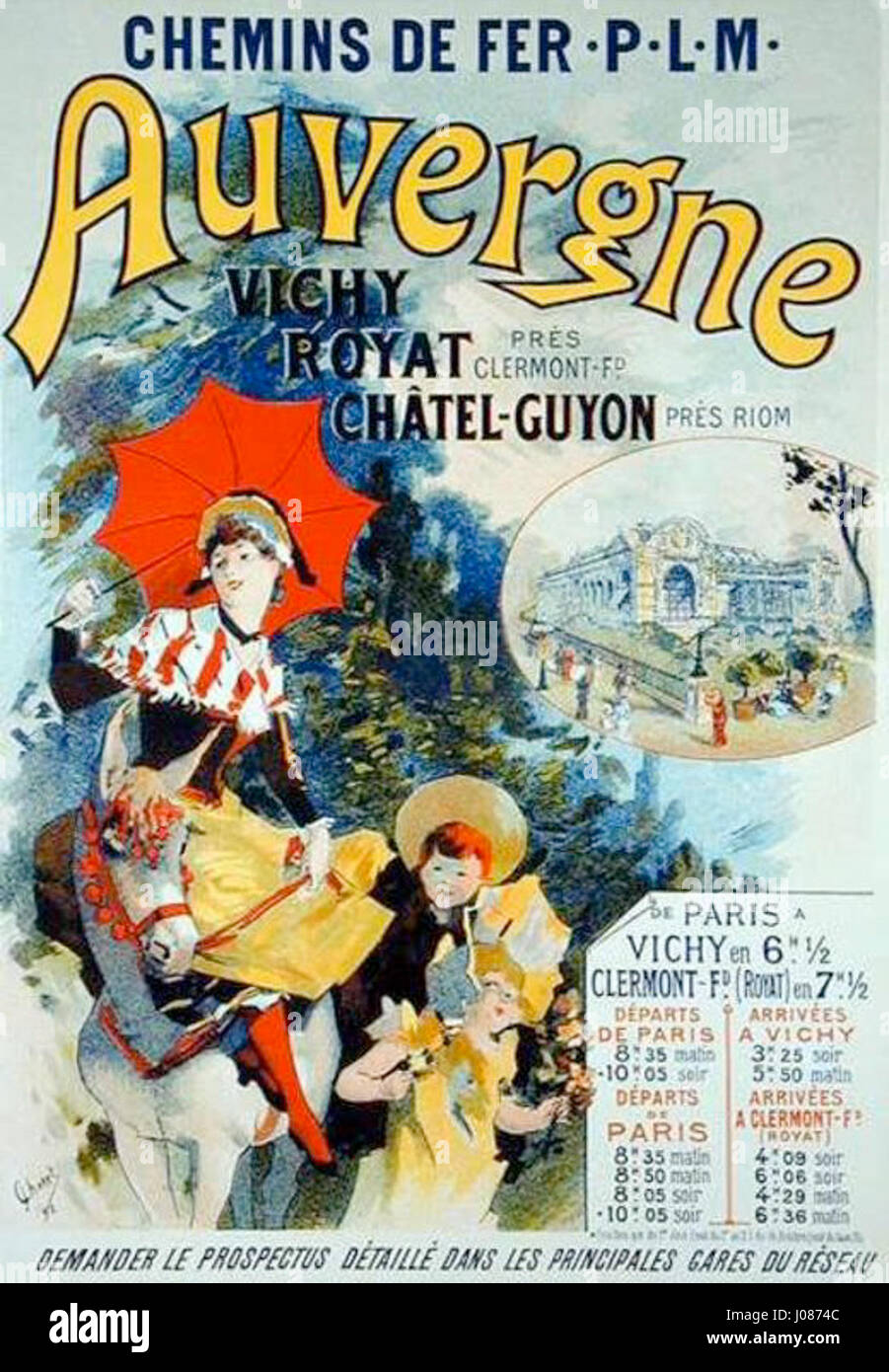 Il poster "Publicité Ligne Paris-Vichy-Clermont" del 1892 è un esempio di pubblicità francese vintage. Il design riflette l'estetica dell'arte commerciale francese del tardo XIX secolo, pubblicizzando la linea ferroviaria tra Parigi e Vichy-Clermont. Foto Stock Il poster "Publicité Ligne Paris-Vichy-Clermont" del 1892 è un esempio di pubblicità francese vintage. Il design riflette l'estetica dell'arte commerciale francese del tardo XIX secolo, pubblicizzando la linea ferroviaria tra Parigi e Vichy-Clermont. Foto Stock