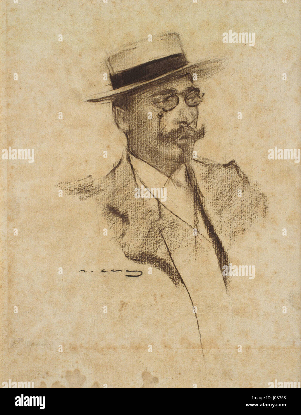 Il dipinto di Ramon Casas «Henri Francois Roujon» cattura il ritratto intimo di un uomo, probabilmente Roujon, sottolineando la sua espressione dignitosa e i suoi abiti dettagliati, riflettendo la capacità di Casas di portare profondità e realismo nei suoi ritratti. Foto Stock