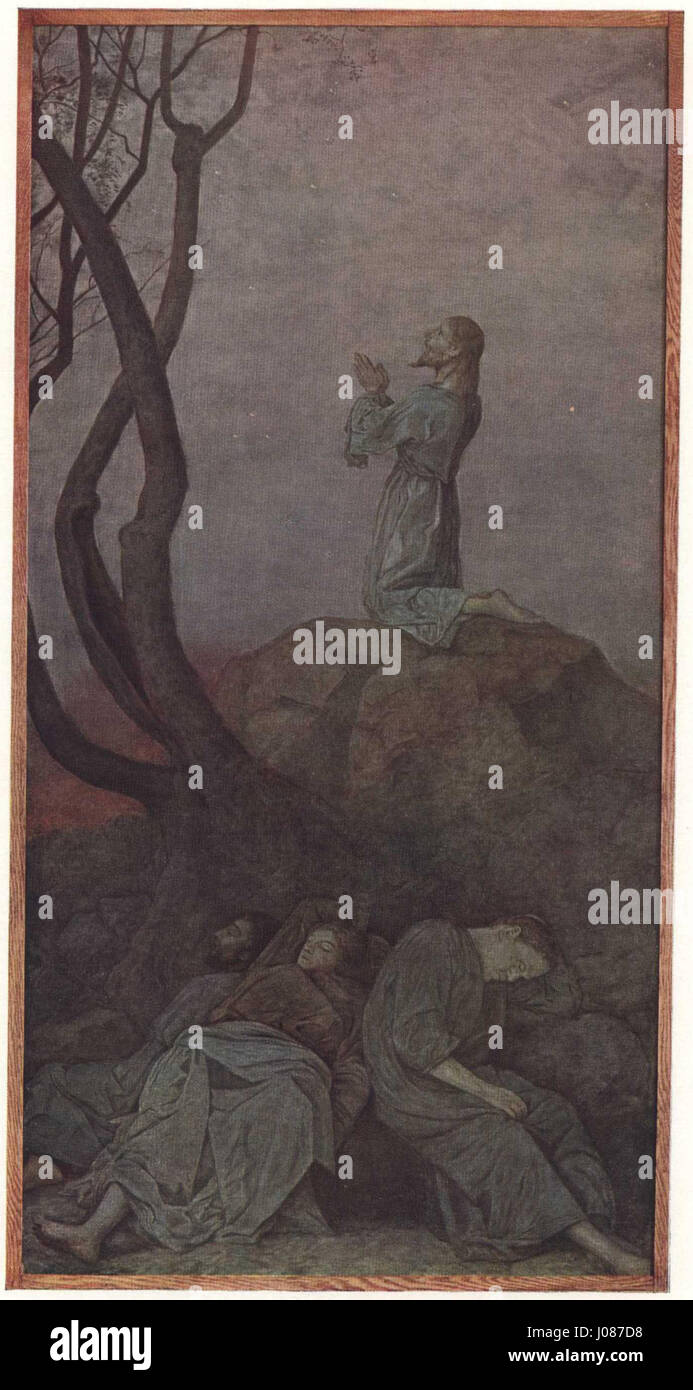 "Christus am Ölberg" di Hans Thoma raffigura Cristo che prega nel Giardino del Getsemani prima del suo arresto. Questo dipinto del XIX secolo cattura l'intensità emotiva del momento, con un focus sulla figura di Cristo in solitudine e riflessione. Foto Stock