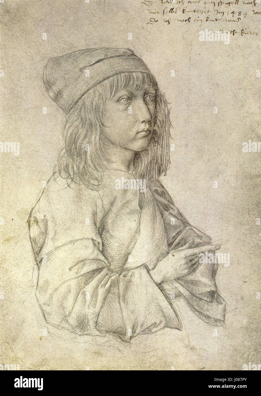 L'autoritratto di Albrecht Dürer a 13 anni è una rappresentazione giovanile e dettagliata dell'artista nei suoi primi anni. Il lavoro fornisce informazioni sulla prima consapevolezza di sé di Dürer e sulla sua abilità nel catturare la forma umana con precisione. Foto Stock
