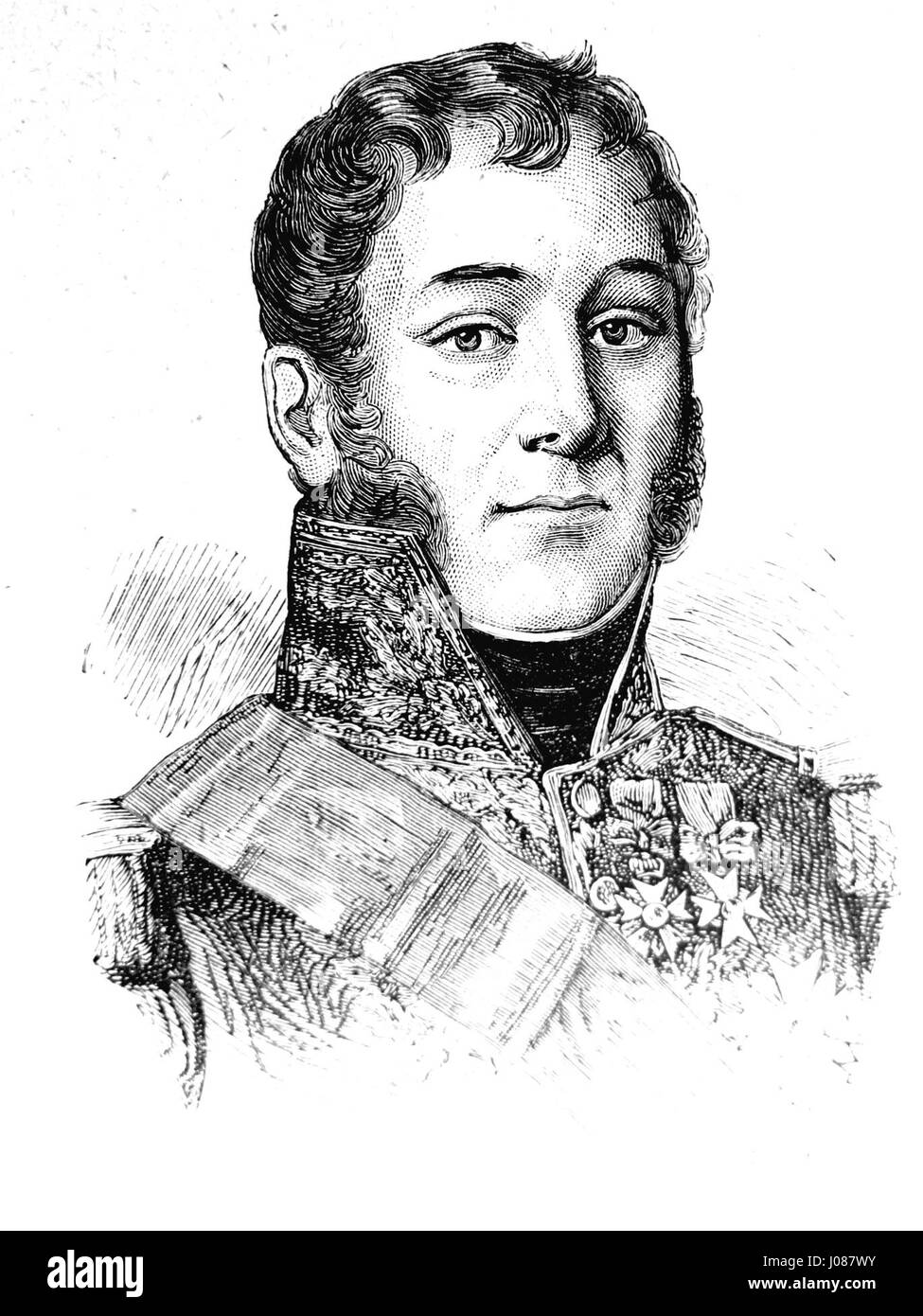 Questo ritratto del Duca di Trévise, E.A.C.J., è un pezzo storico che mostra l'aristocrazia della Francia tra la fine del XVIII e l'inizio del XIX secolo. Il duca è ritratto con dignità regale, riflettendo il suo status nobile e i contributi militari. Foto Stock