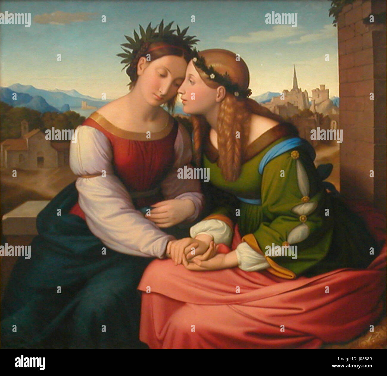 Questo lavoro di F. Overbeck, creato nel 1828, riflette lo scambio culturale tra Italia e Germania nel XIX secolo, catturando influenze artistiche da entrambe le regioni durante questo periodo. Foto Stock