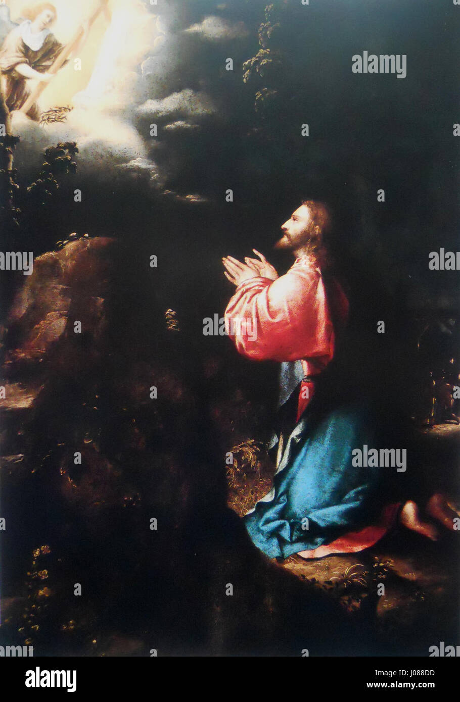 Questo dipinto italiano del XIX secolo, "Gesù in preghiera nell'orto dei Getsemani" (Gesù che prega nel Giardino del Getsemani), raffigura un sereno momento religioso della vita di Cristo, sottolineando la riflessione spirituale. Foto Stock