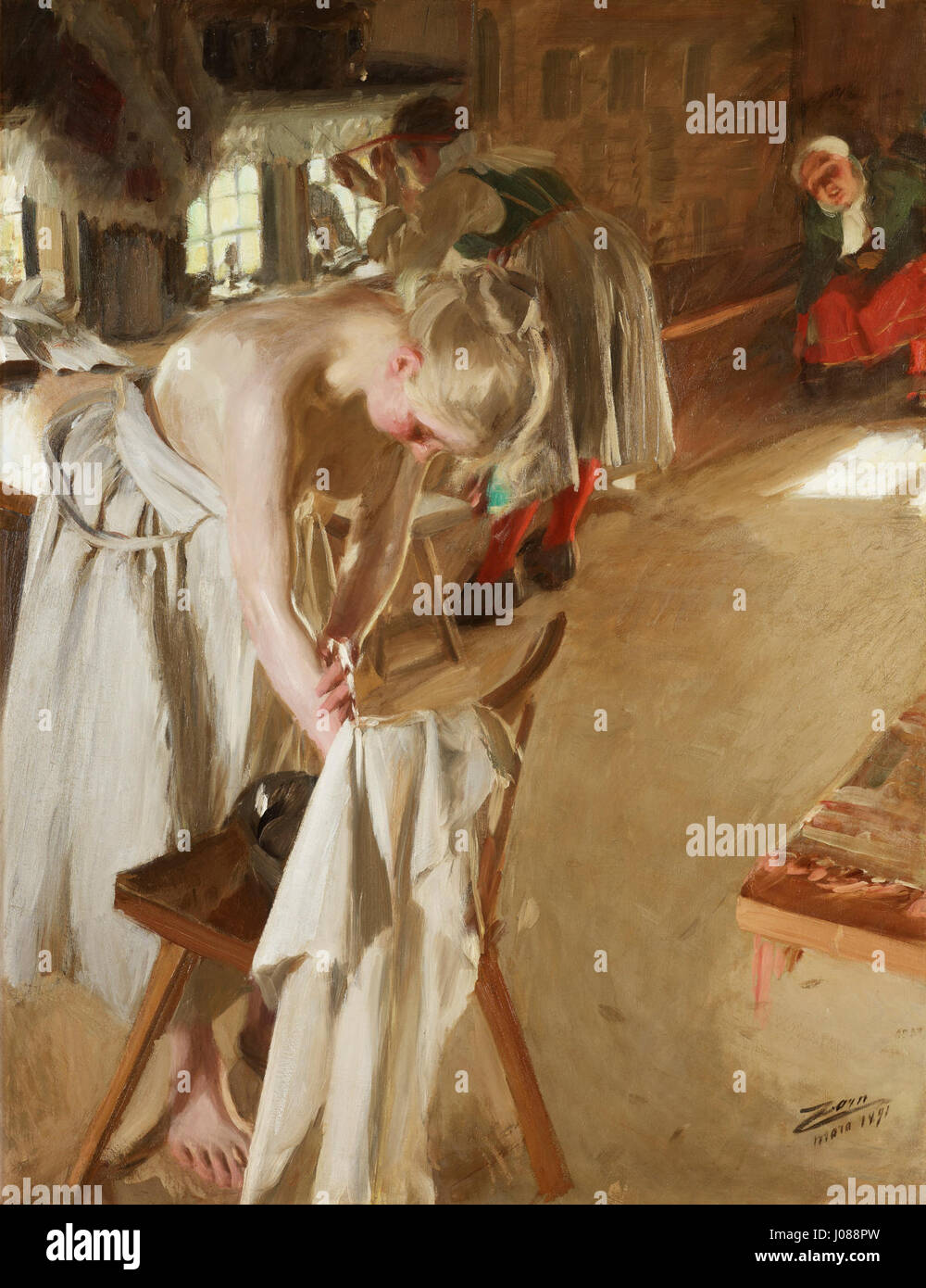 "Söndagsmorgon" di Anders Zorn raffigura una tranquilla scena della domenica mattina. Il dipinto mostra la maestria della luce e dell'acqua di Zorn, catturando la tranquillità di un ambiente rurale in Svezia, dove la semplicità della vita si riflette in un ambiente naturale. Foto Stock