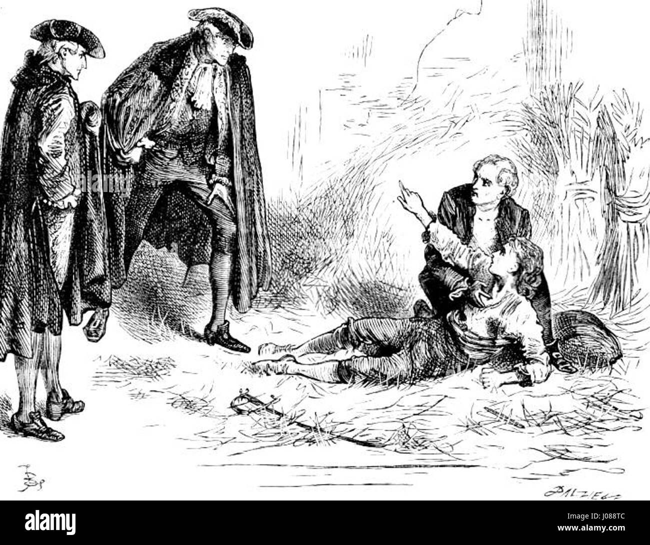 Questa illustrazione di Fred Barnard raffigura la denuncia epistolare del dottor Manette dei fratelli Evrémondes in *A tale of Two Cities*. La scena ritrae il momento in cui la dottoressa Manette rivela la vera natura degli Evrémondes e dei loro crimini, catturando la tensione emotiva e lo sviluppo della trama chiave nel romanzo. Foto Stock