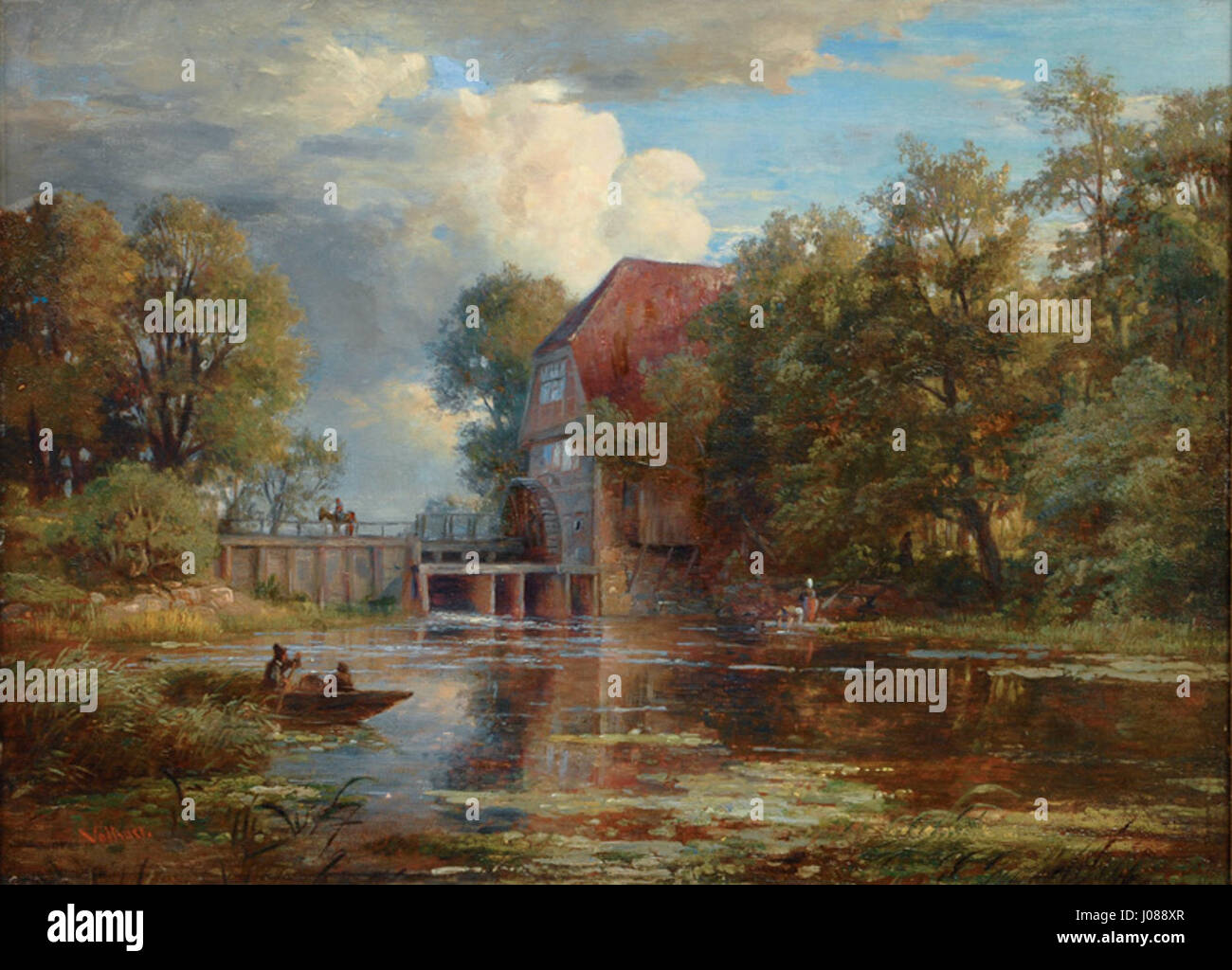 "An der Wohldorfer Mühle" di A.F. Vollmer raffigura un paesaggio rurale con il mulino Wohldorfer, un punto di riferimento fondamentale nella parte settentrionale della Germania. Il dipinto mette in evidenza la serenità e la semplicità della vita di campagna durante la fine del XIX secolo. Foto Stock