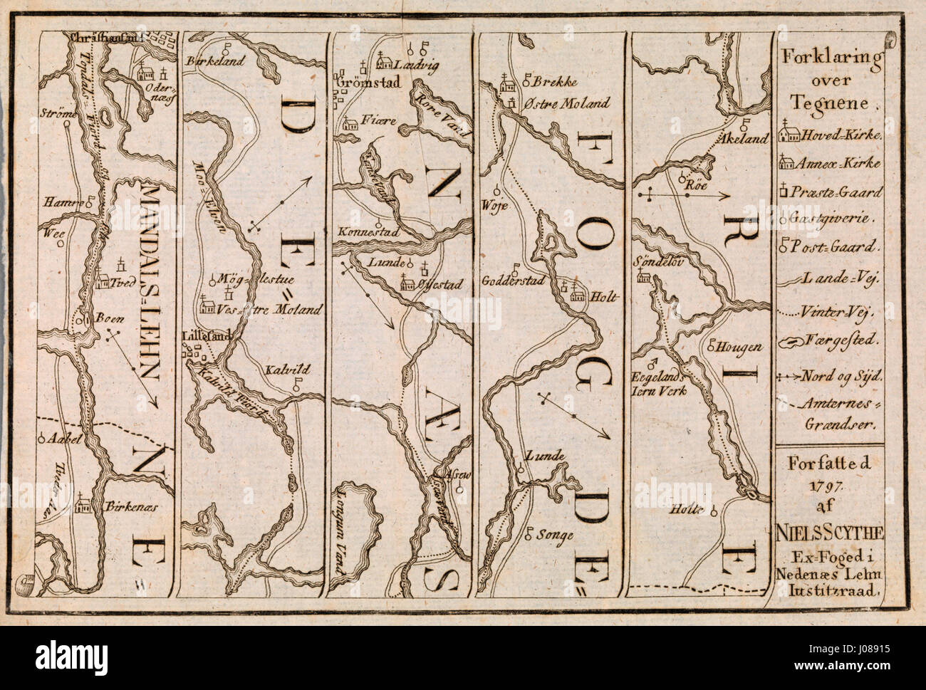 Questa rappresentazione della fogderia norvegese *Mandals-lehn Neden* illustra l'architettura tradizionale della regione, concentrandosi su un maniero storico e il suo ruolo nella governance locale. L'edificio rappresenta il patrimonio rurale norvegese durante il XIX secolo. Foto Stock