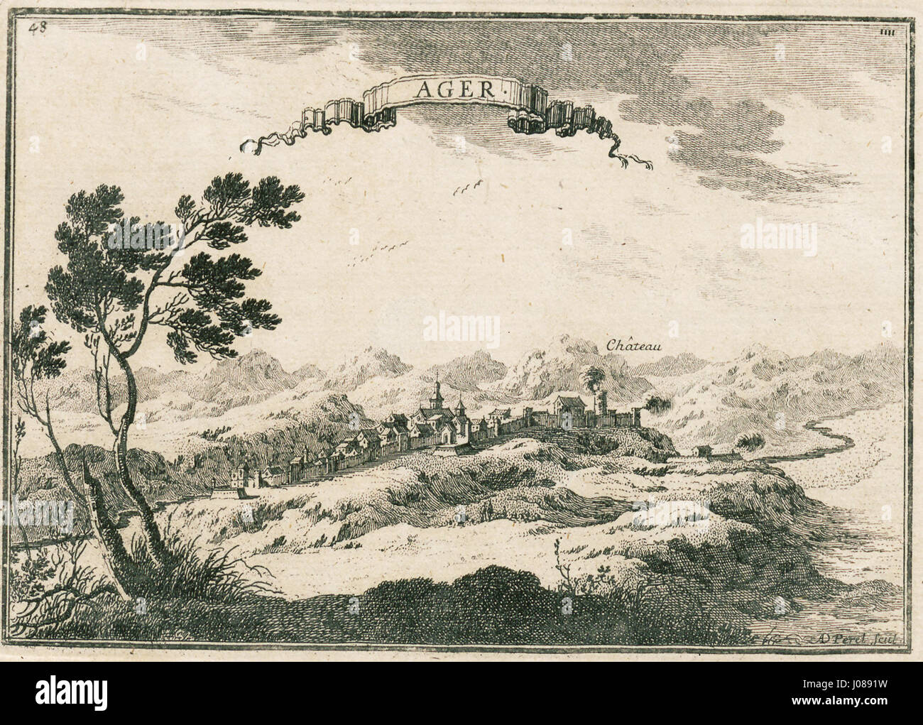Il Castell d'Àger, un castello in Catalogna, in un'incisione del 1647 di Sébastien de Pontault, sieur de Beaulieu, cartografo e ingegnere francese. Foto Stock