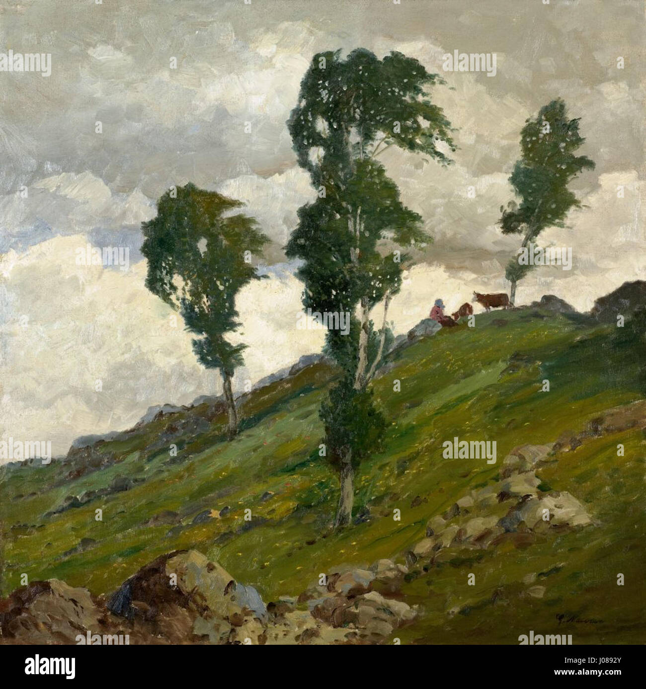 "Krajina za vichrice" di Gustav Macoun (paesaggio dopo una tempesta) ritrae gli effetti drammatici di una tempesta su un paesaggio rurale. Il dipinto riflette la capacità di Macoun di catturare le emozioni grezze della natura e la tranquillità che segue un evento meteorologico turbolento. Foto Stock