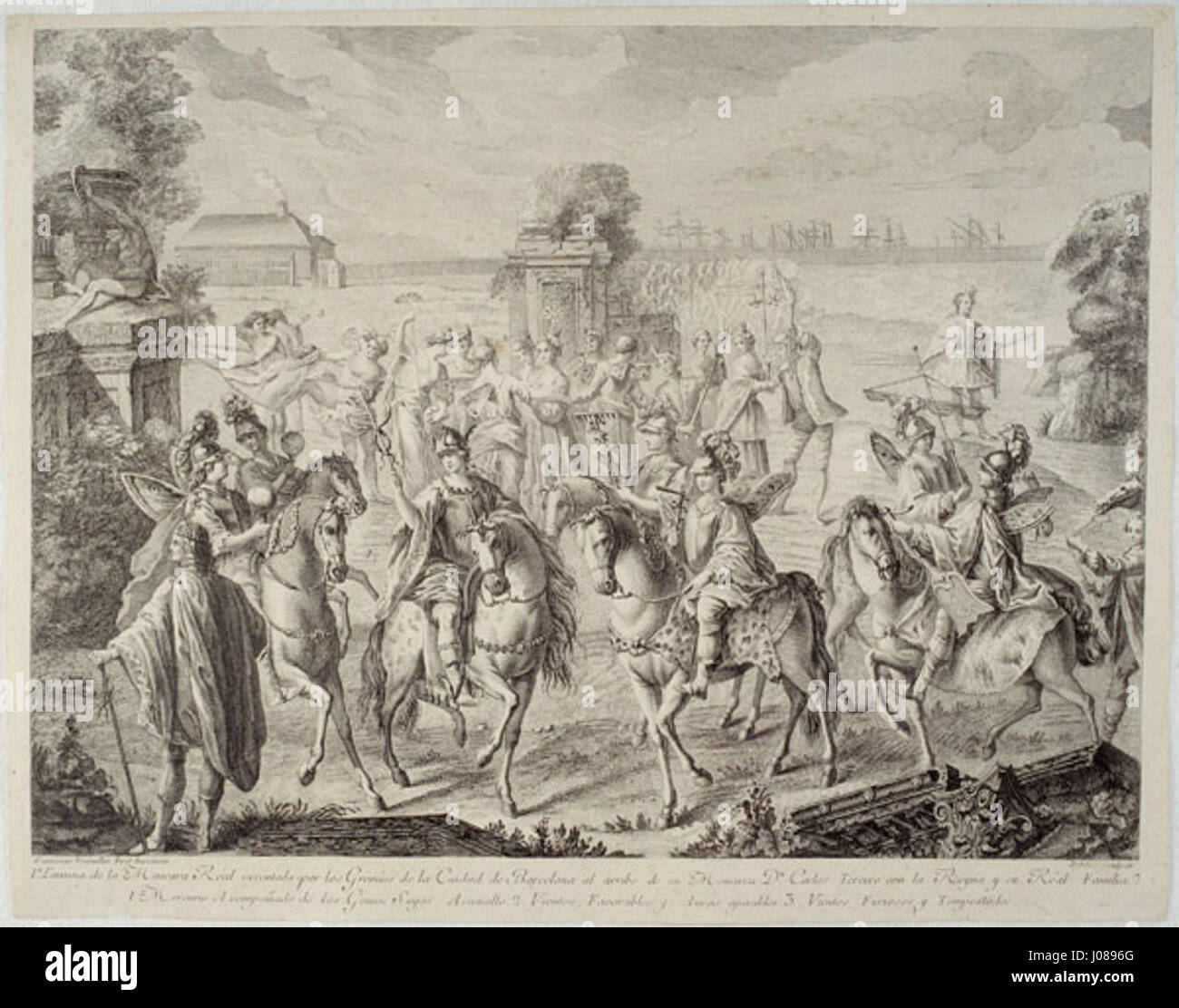 *Cortège di mercurio* di Francesc Tramulles ritrae la classica figura mitologica di mercurio, il dio messaggero. Il dipinto raffigura una processione o un seguito che circonda mercurio, con figure dinamiche e iconografia classica. L'artista fonde colori e forme vivaci per catturare la narrazione mitologica. Foto Stock