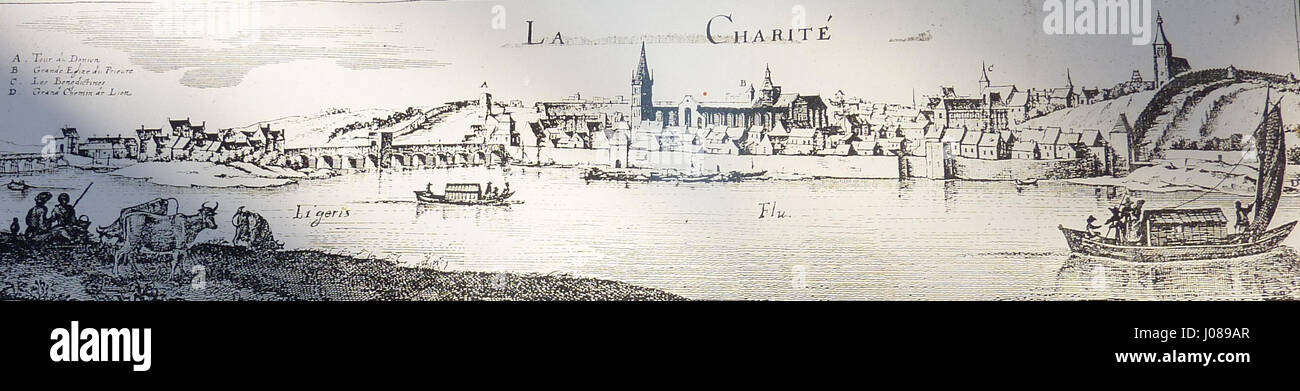 Un'incisione del XVII secolo di la Charité-sur-Loire, creata da Merlan, raffigurante l'architettura e il paesaggio della città durante il primo periodo moderno in Francia. Foto Stock