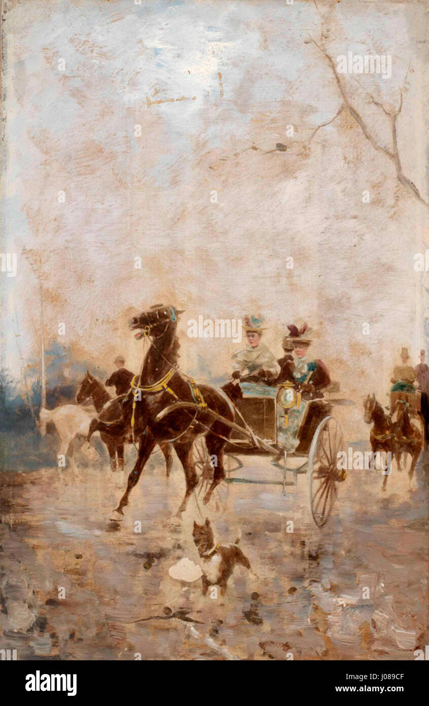 "Enovprezna kocija z damami" di Alfred Tominc raffigura una carrozza d'epoca trainata da cavalli con eleganti signore, che riflette il trasporto storico e lo stile aristocratico del periodo. Foto Stock